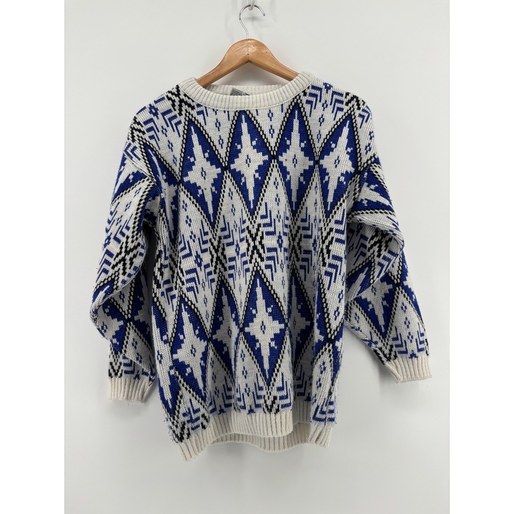 Justin Allen Sweater Mens Large White Blue Aztec Vintage USA Made Crewneck L